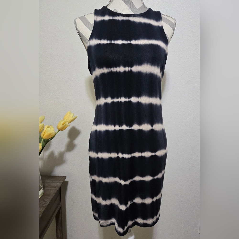 Iris Navy Blue & White Tie Dye Striped Sleeveless Bodycon Dress Size Larhe